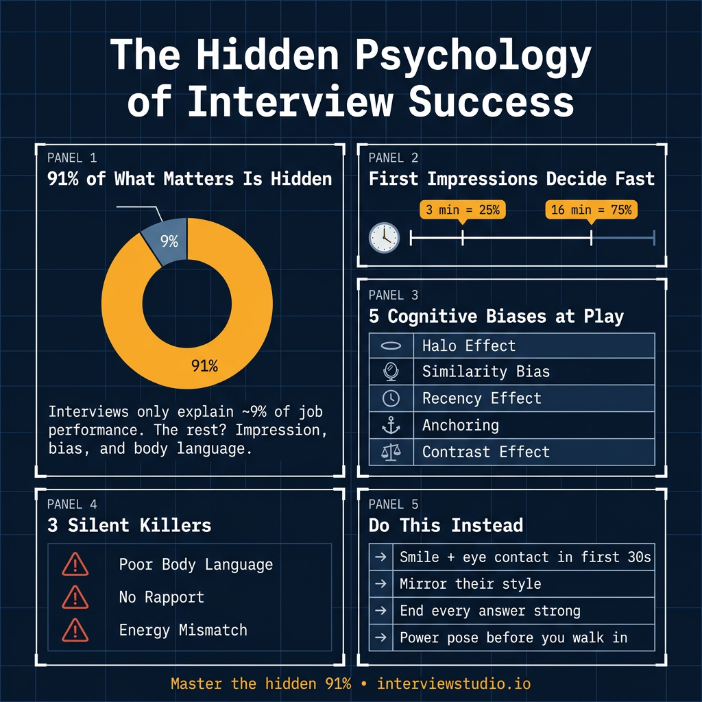 Summary infographic: The Hidden Psychology of Interview Success — 91% stat, first impression timing, 5 cognitive biases, 3 silent killers, and key tips